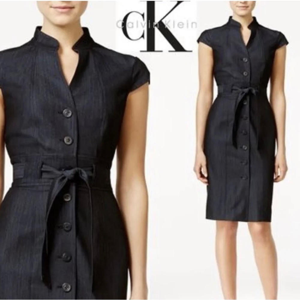 CALVIN KLEIN Gray button down belted denim sheathdress size 4P Petite